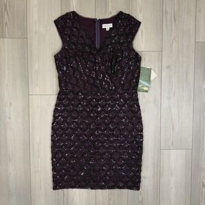 NWT Jackie Jon New York Size 12 Eggplant Purple Sequin Sheath Dress V-Neck
